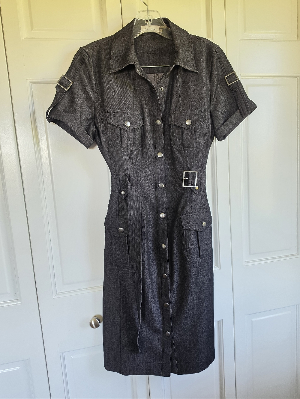 Calvin Klein Gray Chambray Denim Snap Down Belted Midi Dress